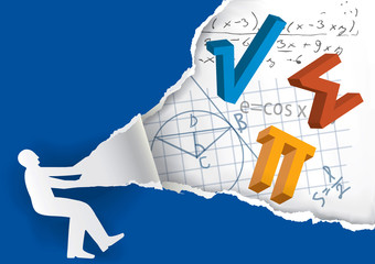 discover the world of math. human silhouette ripping paper with mathematics symbols and notes. vecto