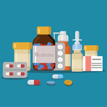 Different Medical Pills And Bottles, Healthcare And Shopping, Pharmacy, Drug Store. Vector Illustration In Flat Style