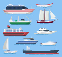 Ships And Boats Vector Set In A Flat Style.
