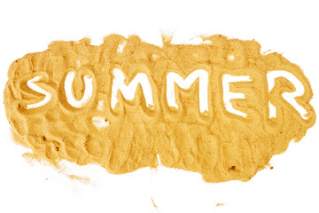 Word SUMMER written on pile of yellow sand