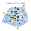 Detailed vector map of the city of Paris with pictograms attractions.