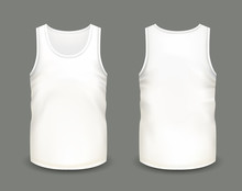 Men's White Sleeveless Tank In Front And Back Views. Vector Illustration With Realistic Male Shirt Template. Fully Editable Handmade Mesh. 3d Singlet Used As Mock Up For Prints Or Logo Design.