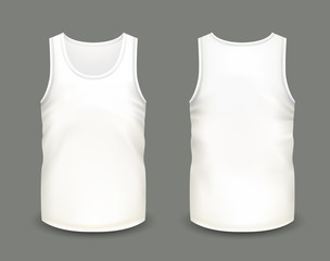 Wall Mural - Men's white sleeveless tank in front and back views. Vector illustration with realistic male shirt template. Fully editable handmade mesh. 3d singlet used as mock up for prints or logo design.