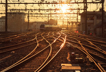 Sunrise Over The Railroad Tracks At Perrache Station In Lyon, France.