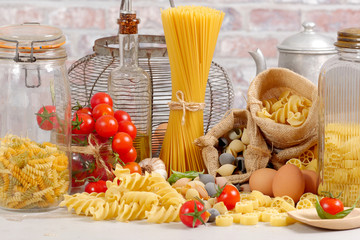 Wall Mural - pastas with eggs and cherry tomatoes