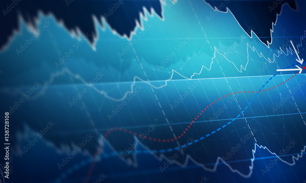Chart with uptrend line graph, bar chart and diagram in bull market on dark blue background