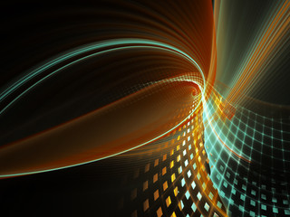 Poster - Abstract background element. Three-dimensional composition of wave shapes, grids and particles. Science and technology concept. Cyan and orange on black colors.