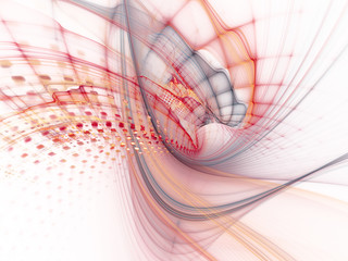 Poster - Abstract background element. Three-dimensional composition of wave shapes, grids and particles. Science and technology concept. Red, black, orange and white colors.
