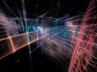 Poster - Abstract background element. Three-dimensional composition of wave shapes, grids and beams. Electronics and media concept. Red, blue, orange colors on black.