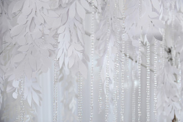  Textile background closeup. White drapery fabric flowers. Wedding texture, lace