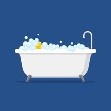 Bathtub With Foam Bubbles Inside And Bath Yellow Rubber Duck Isolated On Blue Background. Bath Time In Flat Style Vector Illustration