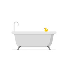 Bathtub And Bath Yellow Rubber Duck Isolated On White Background. Bath Time In Flat Style Vector Illustration