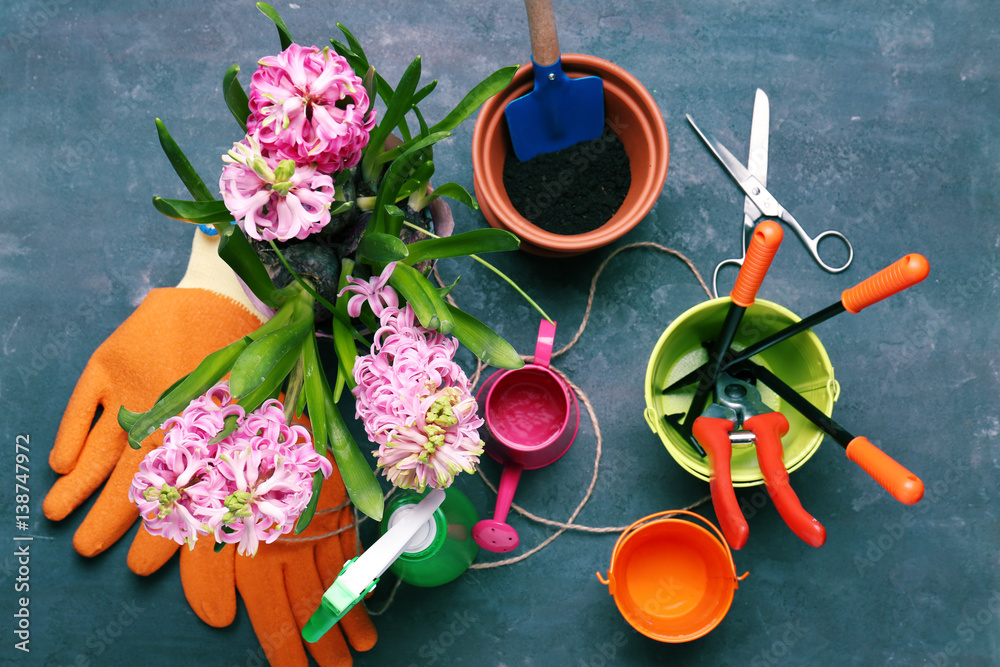 Beautiful flowers and gardener equipment on table