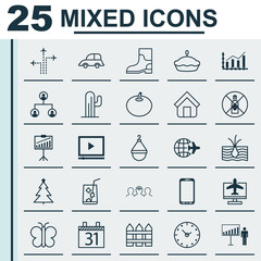 Set Of 25 Universal Editable Icons. Can Be Used For Web, Mobile And App Design. Includes Elements Such As Smartphone, Auto Car, No Drinking And More.