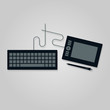 Graphic tablet and keyboard with wire cable. Flat vector illustration.