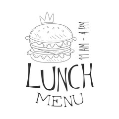 Sticker - Cafe Lunch Menu Promo Sign In Sketch Style With Burger And Opening Hours, Design Label Black And White Template