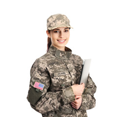 Poster - Female soldier with laptop on white background