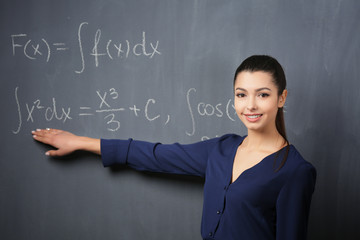 beautiful young teacher explaining math formulas written on blackboard