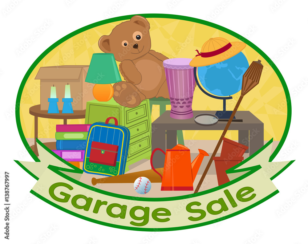 Garage Sale Clip-art - Cute clip art of different household items with  garage sale text at the bottom. Eps10 Stock Vector | Adobe Stock, image size:1000x792