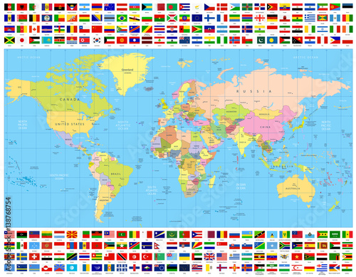 Plakat Kolekcja kolorowych światów i wszystkich flag światowych
