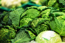 Fresh Green Kale Leaves In Supermarket Store