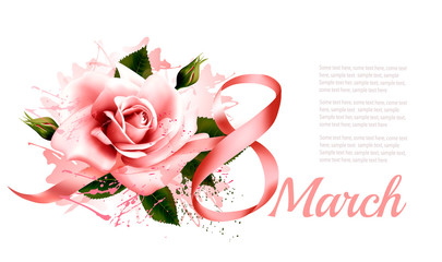 Leinwandbilder - 8th March vintage illustration. Pink rose with ribbon. Vector.