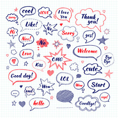 Handwriting  set of speech bubbles with dialog words: Hi, Love, Sorry, Welcome, Bye. Hand drawn