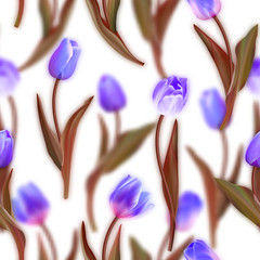 Wall Mural - Floral seamless pattern. Realistic tulips with blurred tulips background. Watercolor imitation. Not trace. Vector seamless background. Blue tulips with brown leaves.