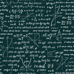 Vector mathematics seamless pattern with different signs, figures, formulas and graphs of functions. Math green chalkboard background