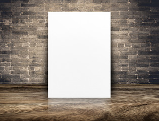 Poster - Blank white paper poster at grunge brick wall and wood floor,Mock up template for adding your content or design,Business presentation