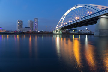 Apollo bridge and highrise buildings in Bratislava, Slovakia.