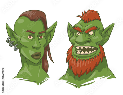 Vector Cartoon Image Of Green Goblin Woman S Head With Brown Hair And Three Earrings In Her