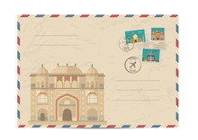 Itmad-ud-Daula, Baby Taj, Agra India. Postal Envelope With Famous Architectural Composition, Postage Stamps And Postmarks On White Background Vector Illustration. Postal Services. Envelope Delivery.