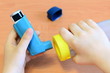 Small child holding asthma inhaler and spacer in his hands. Asthma spacer and aerosol inhaler for treatment and management bronchial asthma, allergy. How to use an inhaler with a spacer