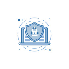 Fototapete - Vector business illustration of blue colors protection shield with lock and laptop icon in outline style.
