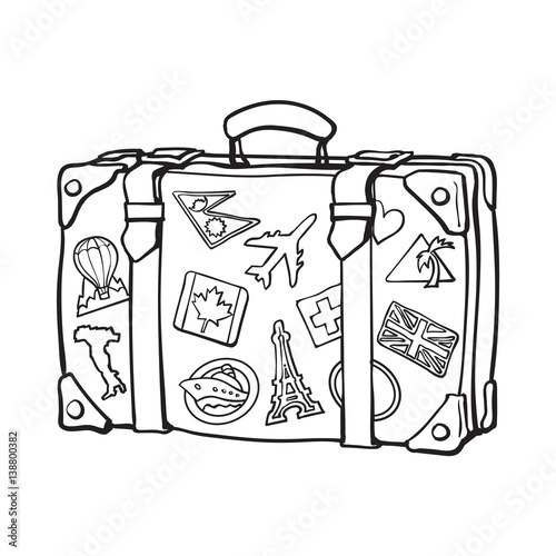 Hand drawn retro style travel suitcase with labels, black
