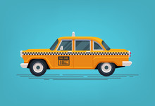 Retro Yellow Taxi Cab. Classic Taxicab Icon. Vector Flat Style Illustration.