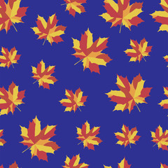 Wall Mural - Bright maple leaves on blue background. Seamless pattern. Vector illustration for your design project
