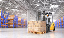 Concept Of Warehouse. The Forklift In The Big Warehouse On Blurred Background. 3d Illustration