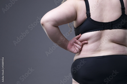 Fotografie, Obraz Plus size model in black lingerie, overweight female body, fat woman with cellul