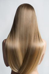 portrait of a beautiful young blond woman with long straight hair. back view