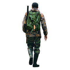 the man is a hunter with a shotgun and backpack. back view. man isolated on white background.
