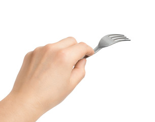 hand with fork on a white background