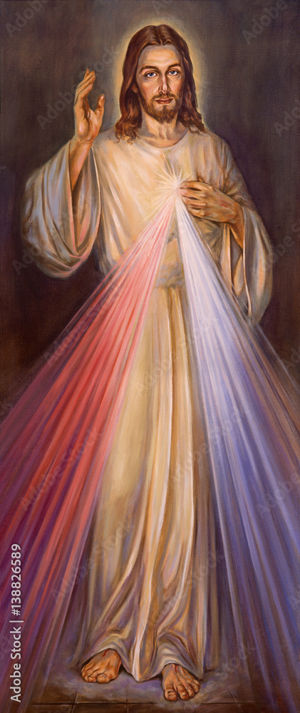 BERLIN, GERMANY, FEBRUARY - 15, 2017: The painting of traditional Divine Mercy of Jesus in church Rosenkranz Basilica by unknown artist of 20. cent.. - obrazy, fototapety, plakaty 