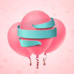 Wall Mural - Three pink balloons with blue ribbon on pink background.