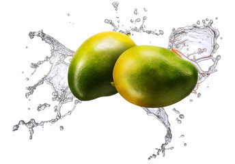 Canvas Print - Water splash and fruits isolated on white backgroud. Fresh mango