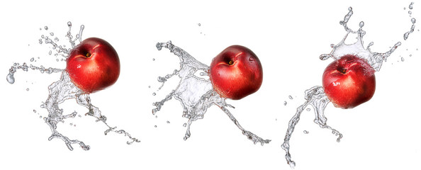Wall Mural - Water splash and fruits isolated on white backgroud. Fresh nectarine