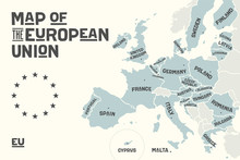 Poster Map Of The European Union With Country Names And Capitals. Print Map Of EU For Web And Polygraphy, On Business, Ecomomic, Political, Brexit And Geography Themes. Vector Illustration