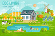 © avian - Eco living landscape with eco house and farm animals.