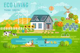Eco living landscape with eco house and farm animals.